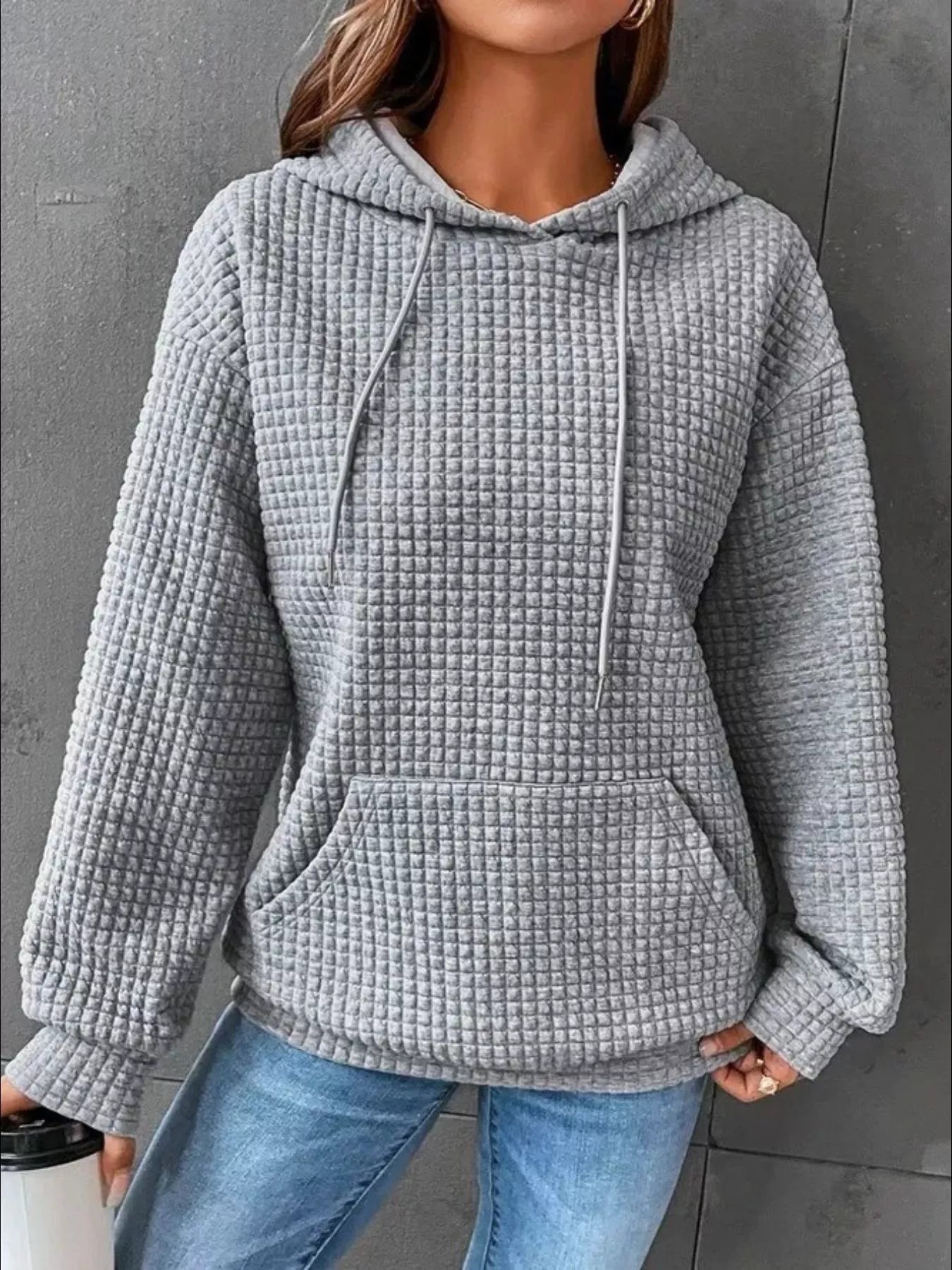 Full Size Textured Kangaroo Pocket Hoodie Plus Size Grey / S