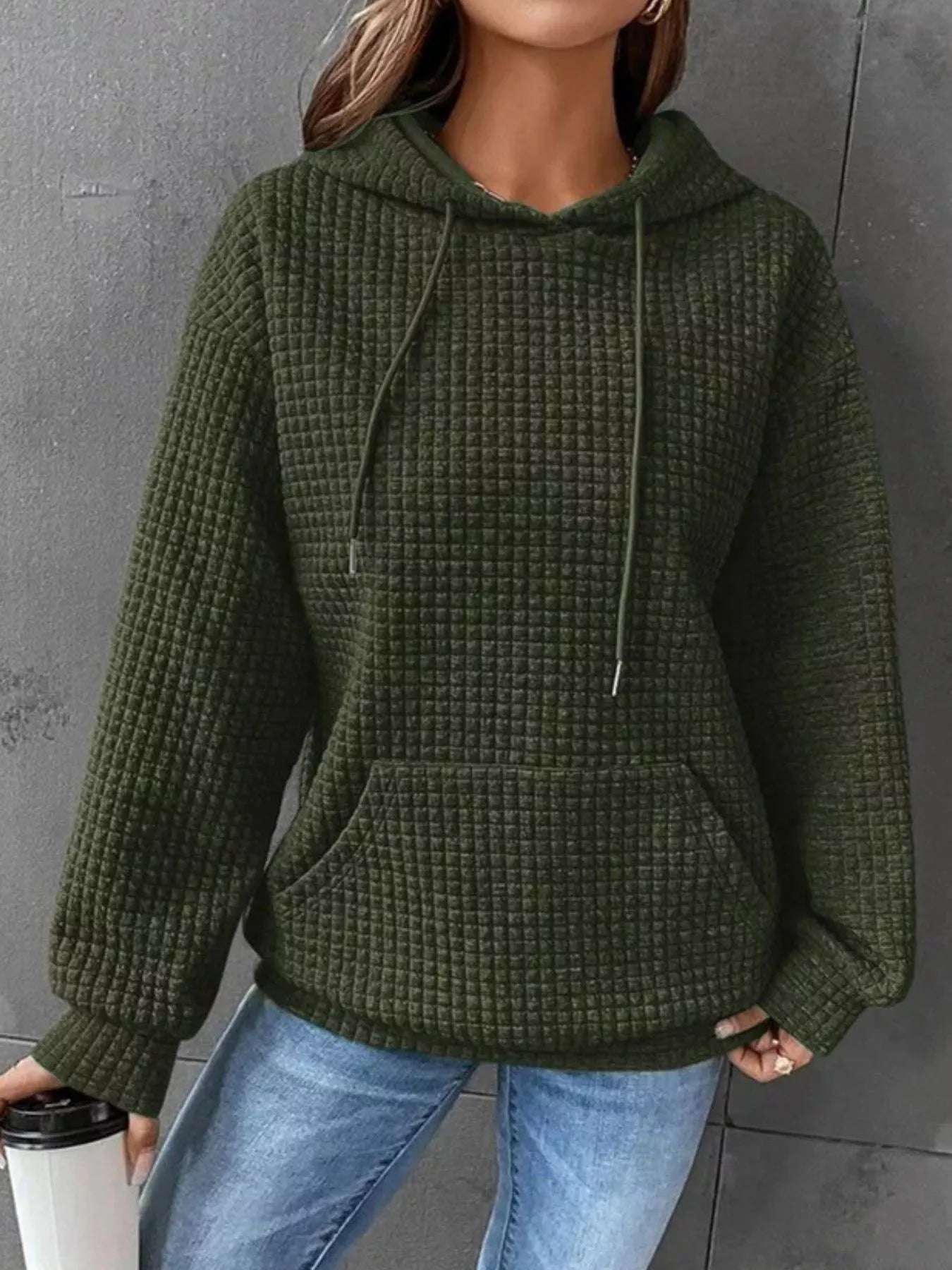 Full Size Textured Kangaroo Pocket Hoodie Plus Size Olive Green / S