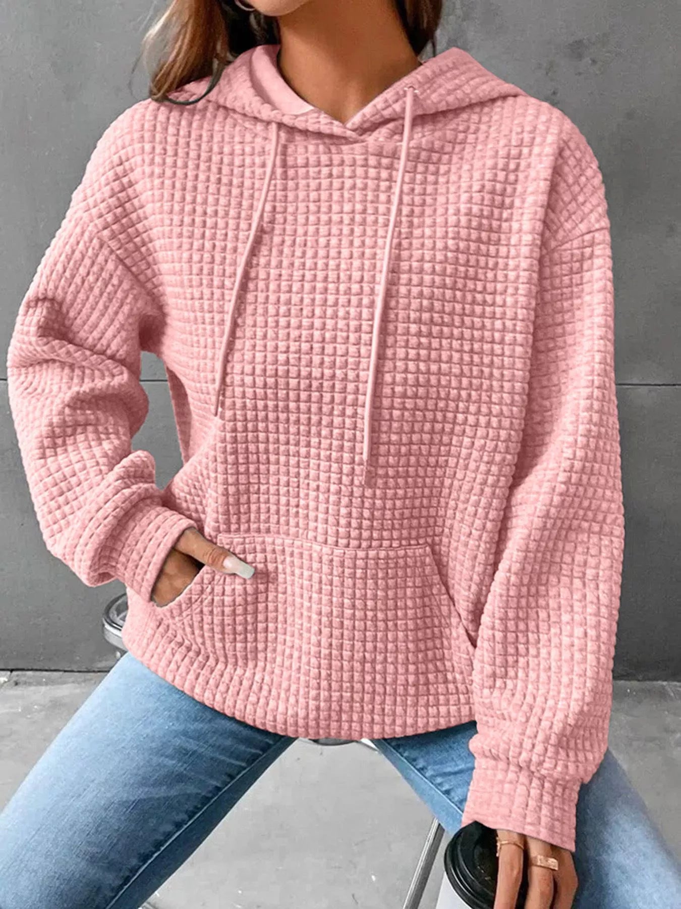 Full Size Textured Kangaroo Pocket Hoodie Plus Size Pink / S