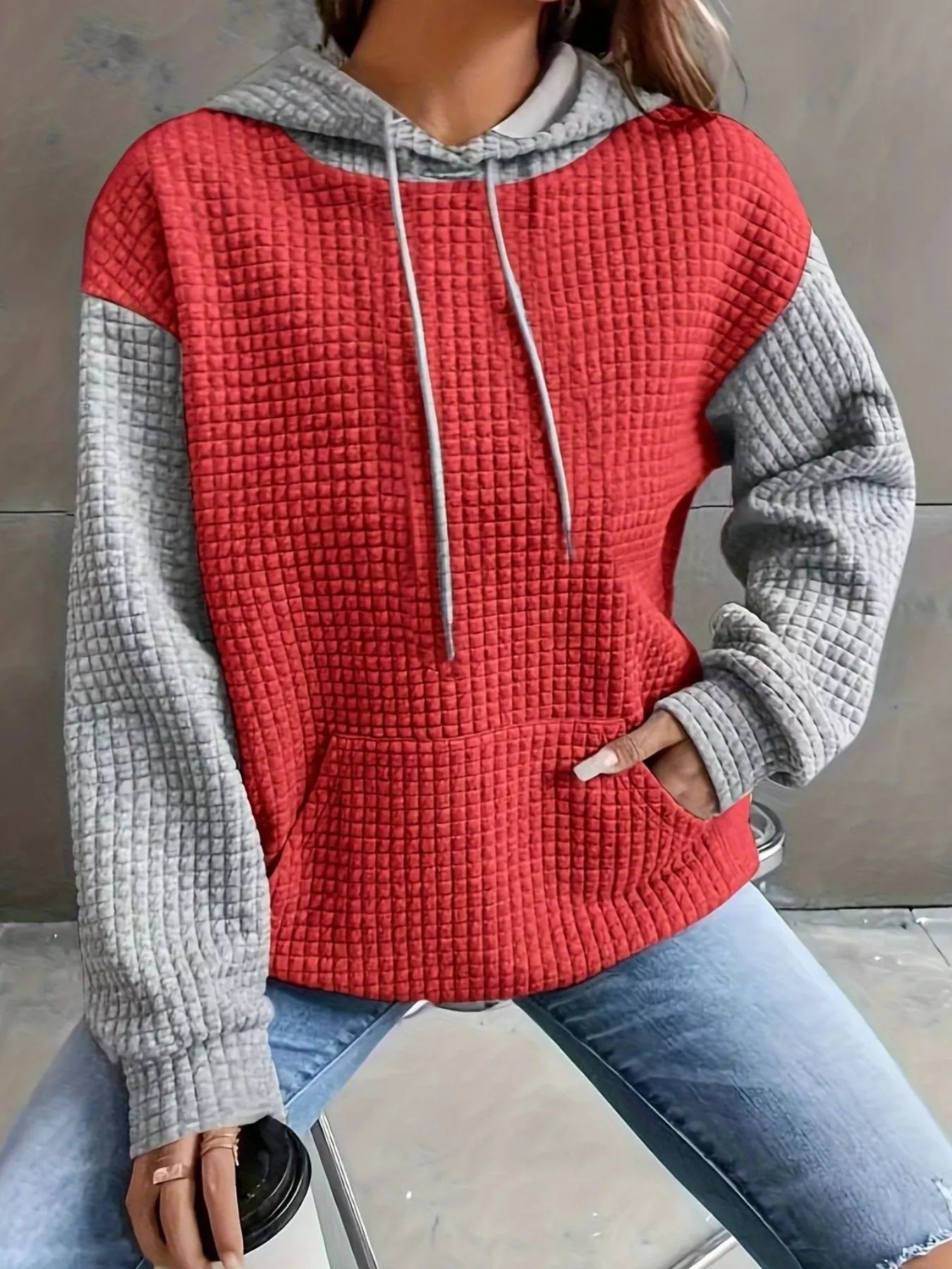 Full Size Textured Kangaroo Pocket Hoodie Plus Size Red/Gary / S