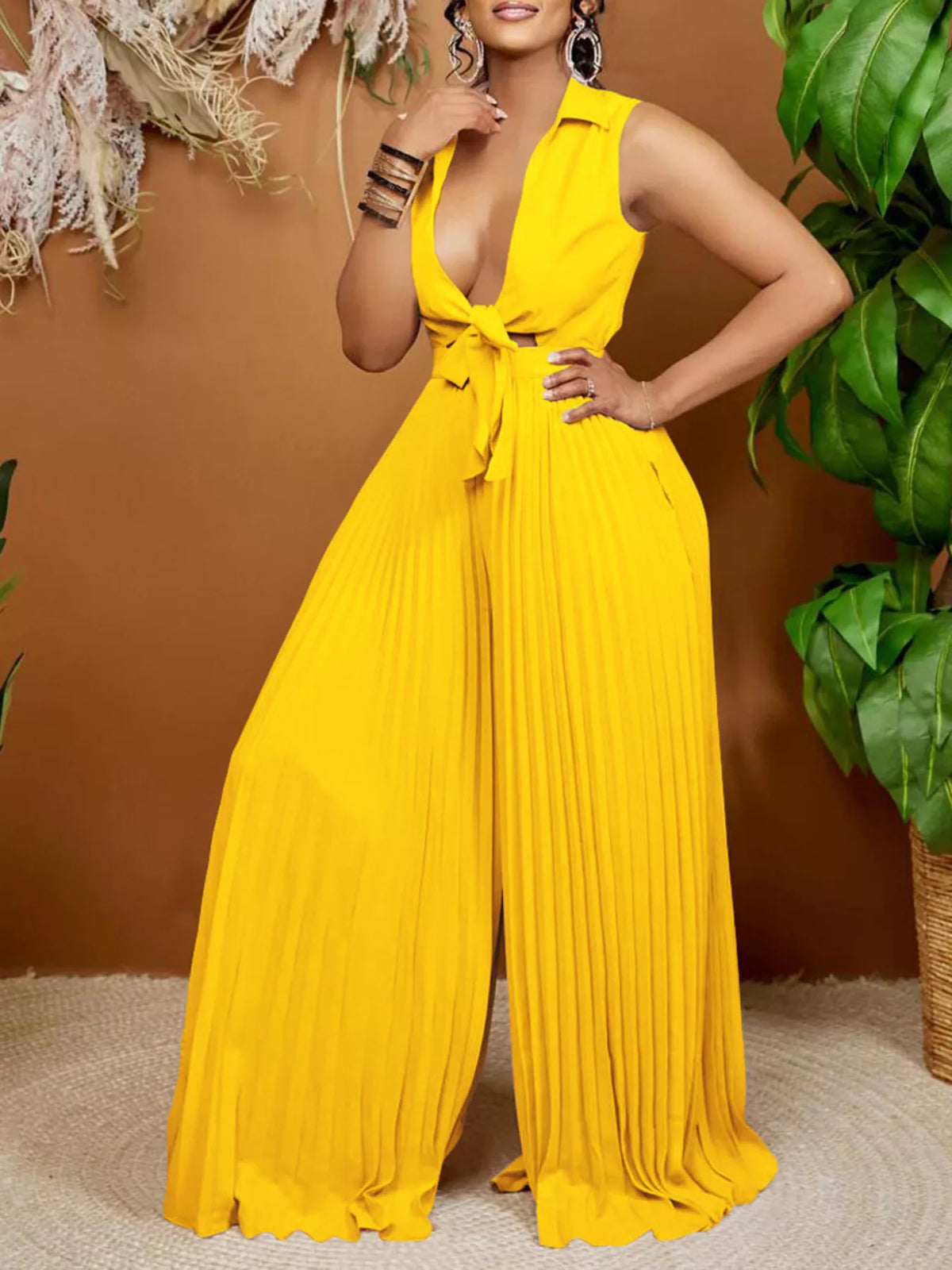 Combinaison pantalon plissée à nouer sur le devant et jambes larges, grande taille