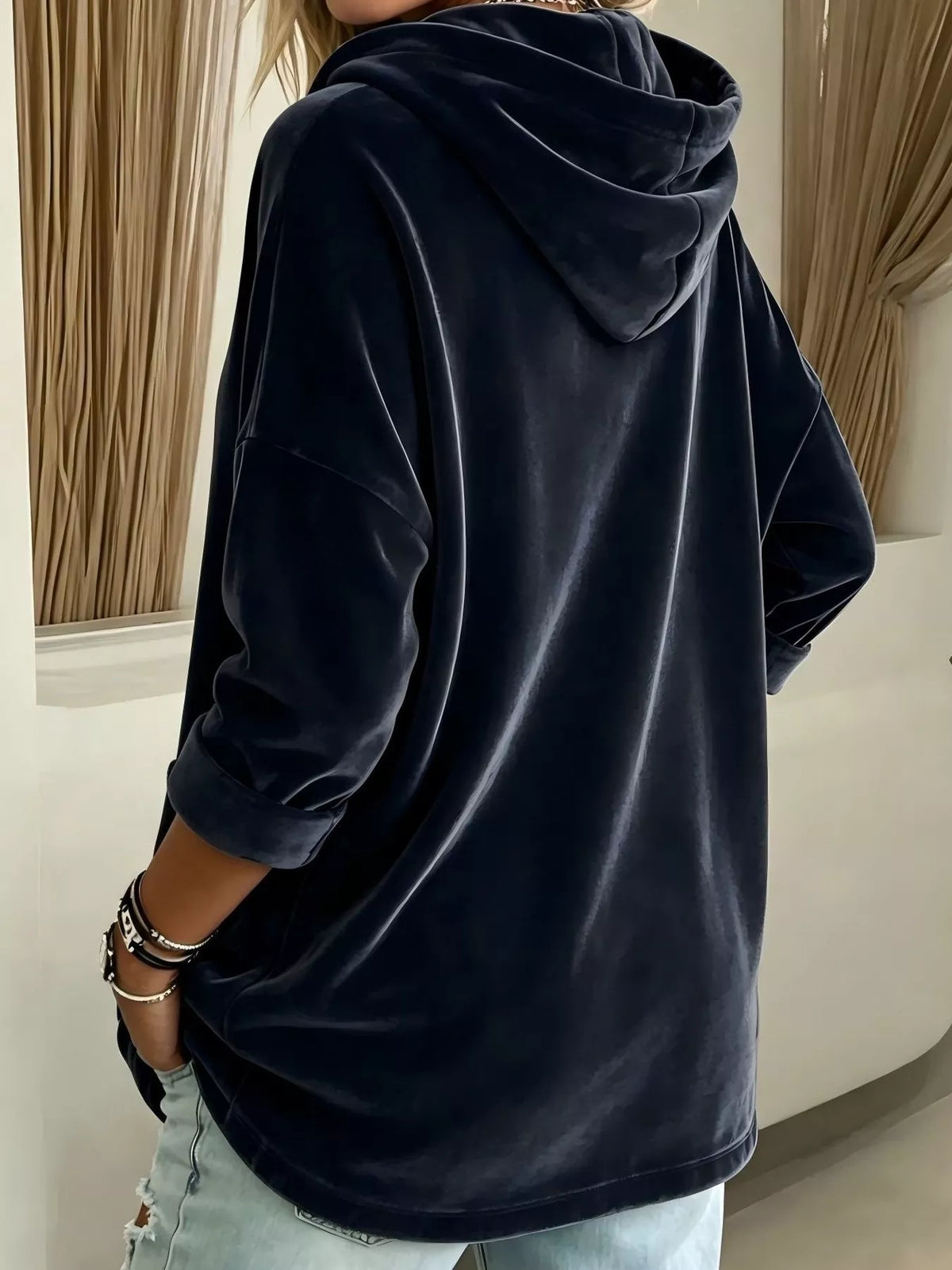 Full Size Velvet Long Sleeve Hoodie with Front Pockets Plus Size