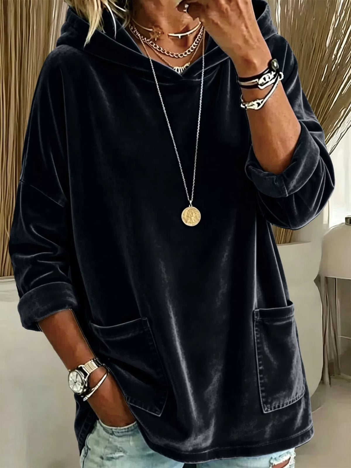Full Size Velvet Long Sleeve Hoodie with Front Pockets Plus Size Black / S