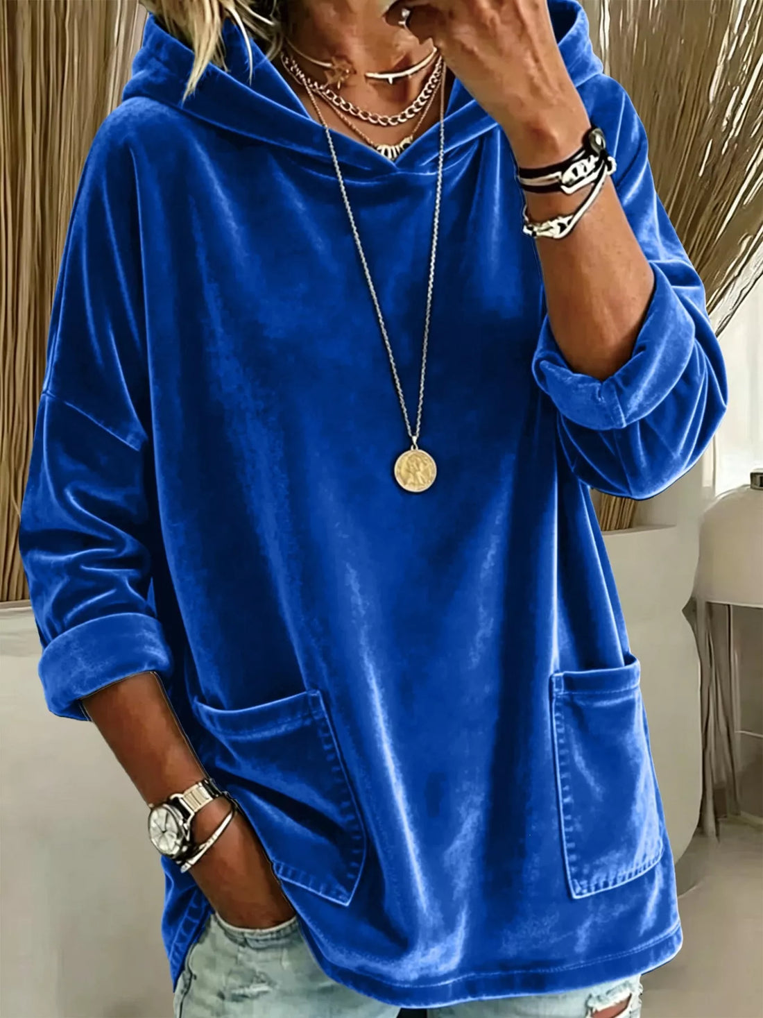 Full Size Velvet Long Sleeve Hoodie with Front Pockets Plus Size Blue / S