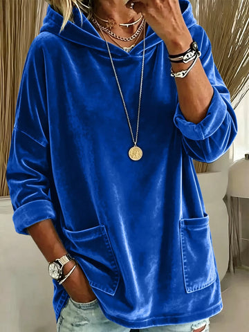 Full Size Velvet Long Sleeve Hoodie with Front Pockets Plus Size Blue / S