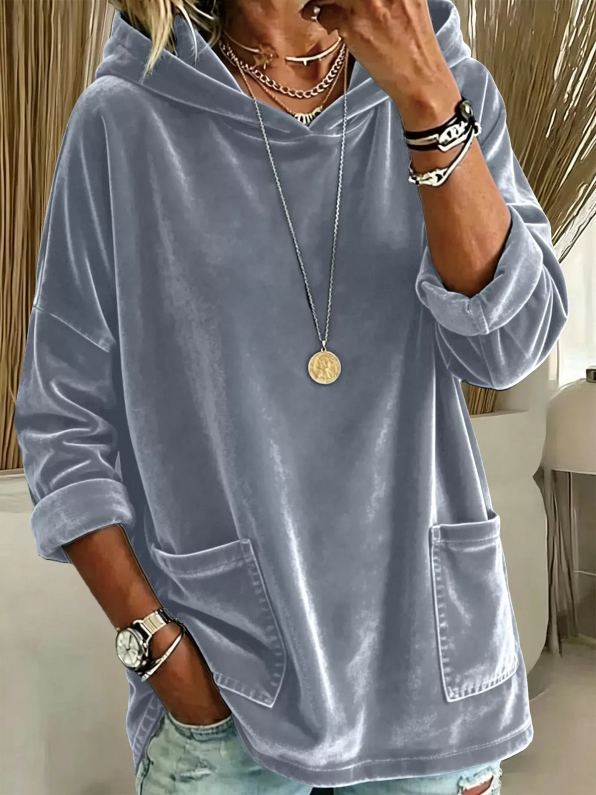 Full Size Velvet Long Sleeve Hoodie with Front Pockets Plus Size Gray / S