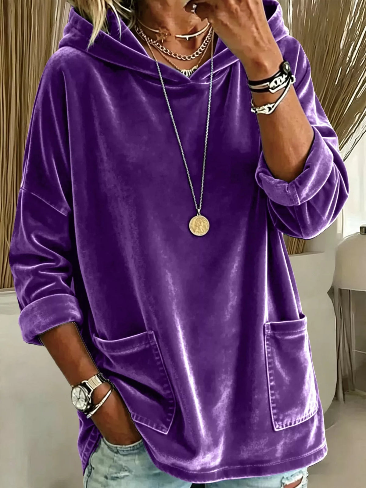 Full Size Velvet Long Sleeve Hoodie with Front Pockets Plus Size Purple / S