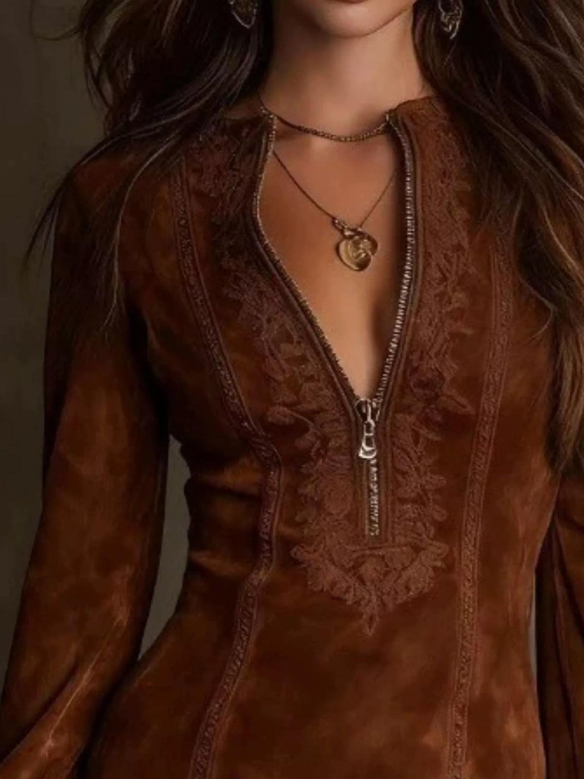 Full Size Zip-Front Long Sleeve Mini Dress Plus Size
