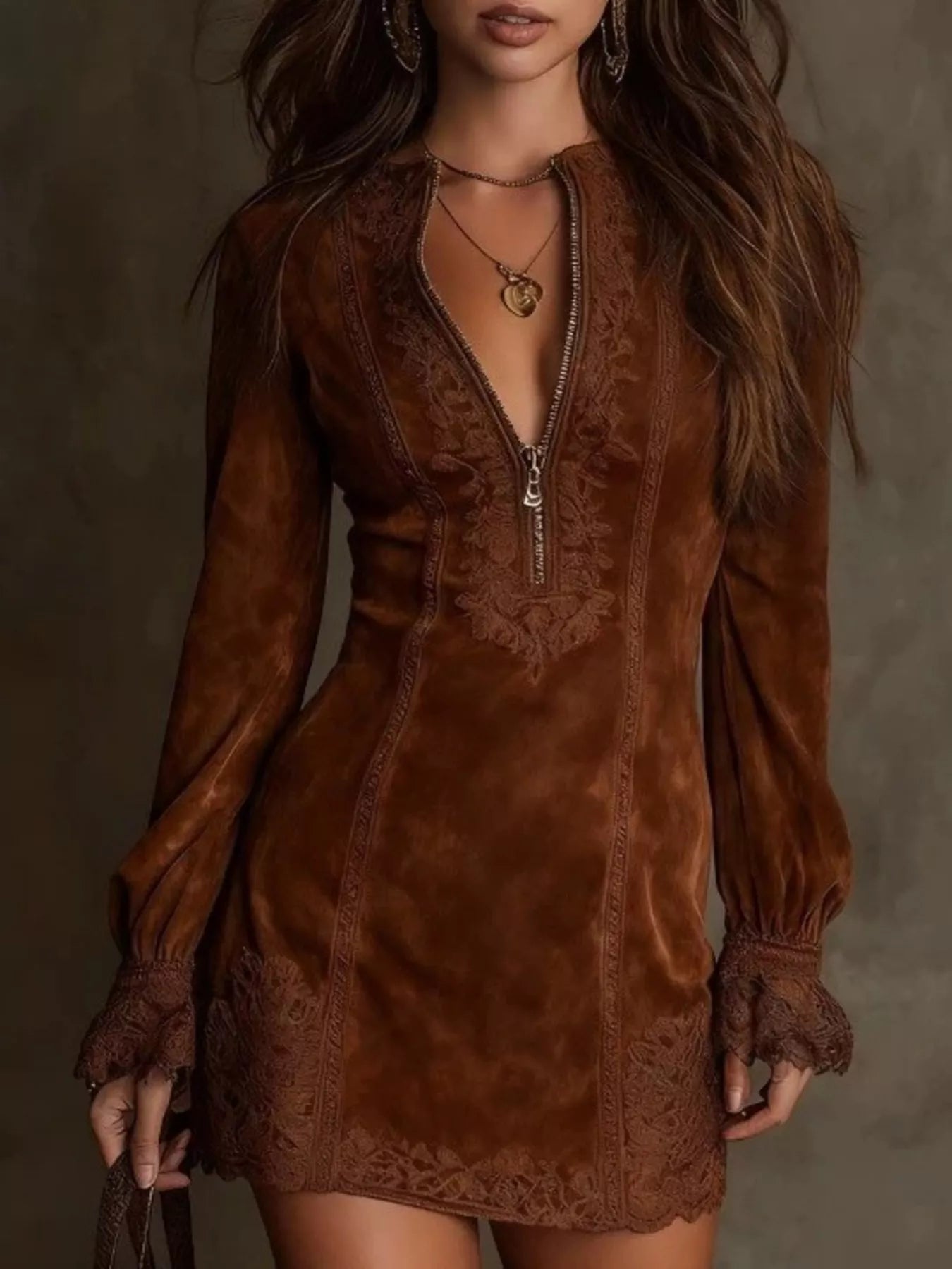 Full Size Zip-Front Long Sleeve Mini Dress Plus Size Dark Brown / XS