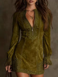 Full Size Zip-Front Long Sleeve Mini Dress Plus Size Olive Green / XS