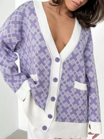 Geometric Button Down Cardigan Purple/rice White / S