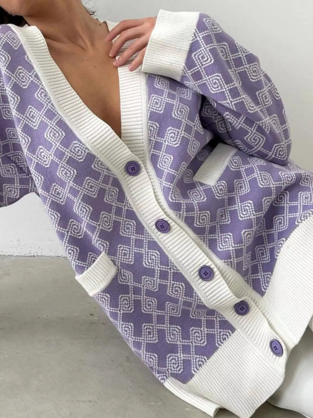 Geometric Button Down Cardigan Purple/rice White / S
