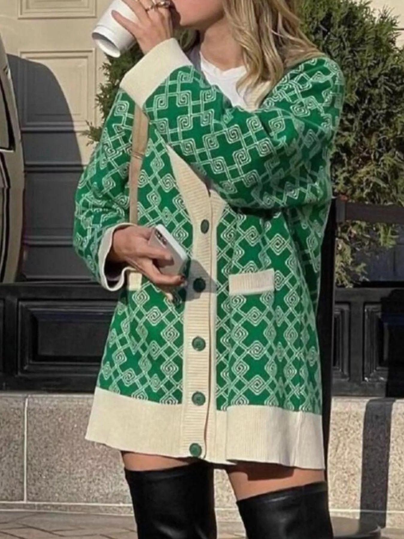 Geometric Pattern Button-Down Cardigan