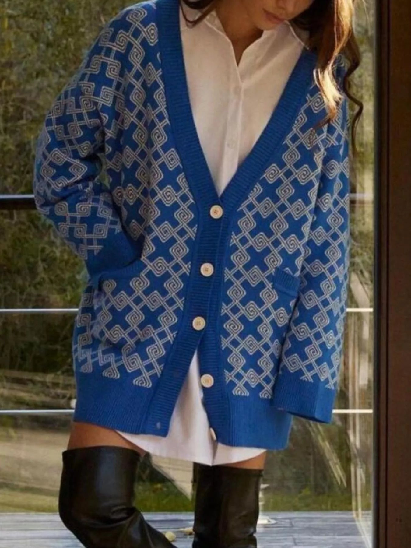Geometric Pattern Button-Down Cardigan