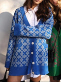 Geometric Pattern Button-Down Cardigan Blue/off White / S