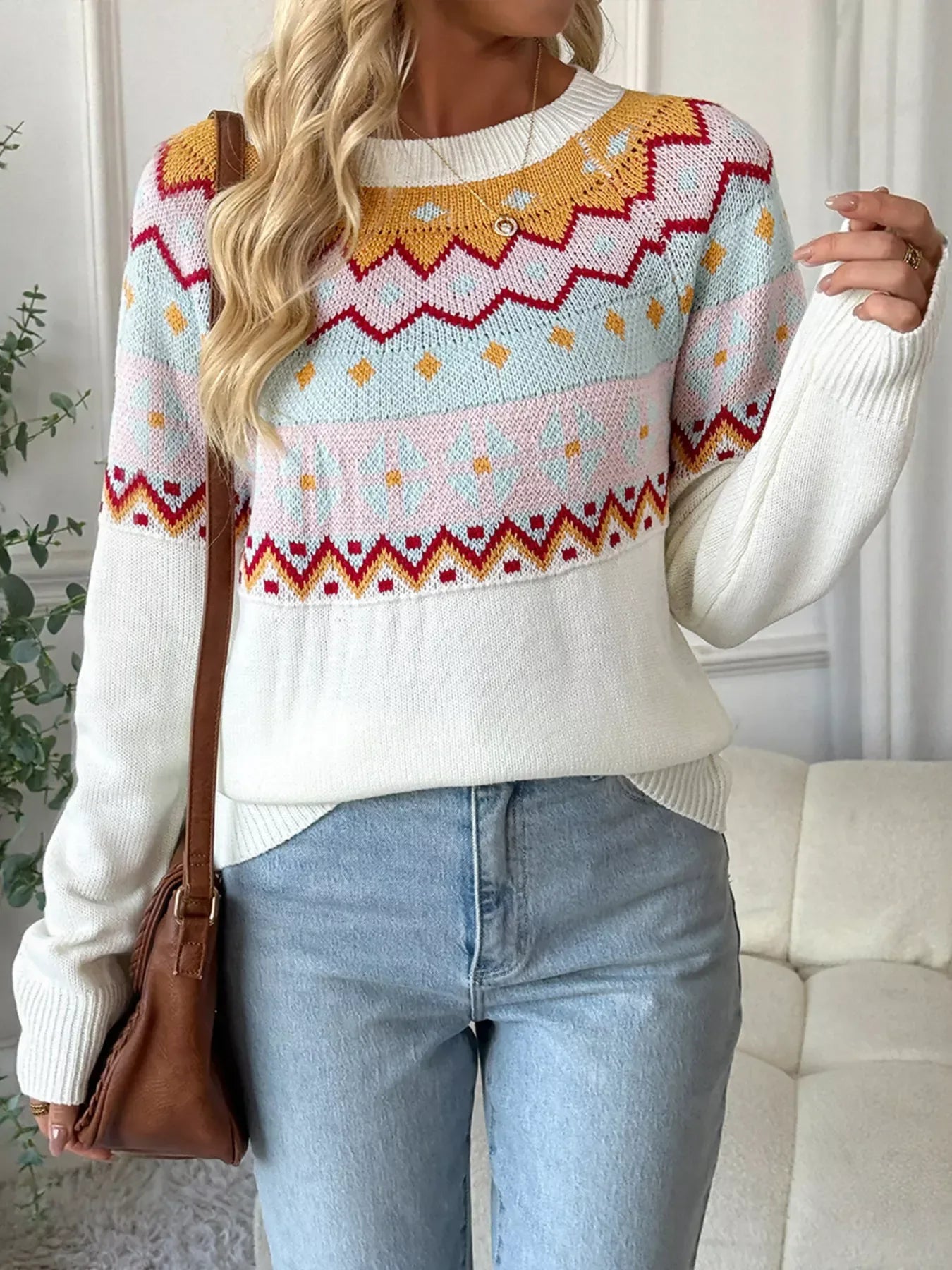 Geometric Pattern Sweater White / S