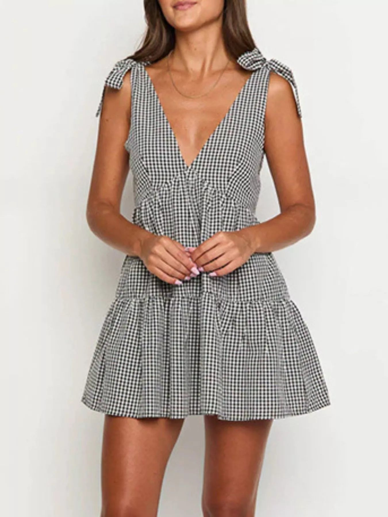 Gingham Tie-Shoulder Mini Dress Black / S