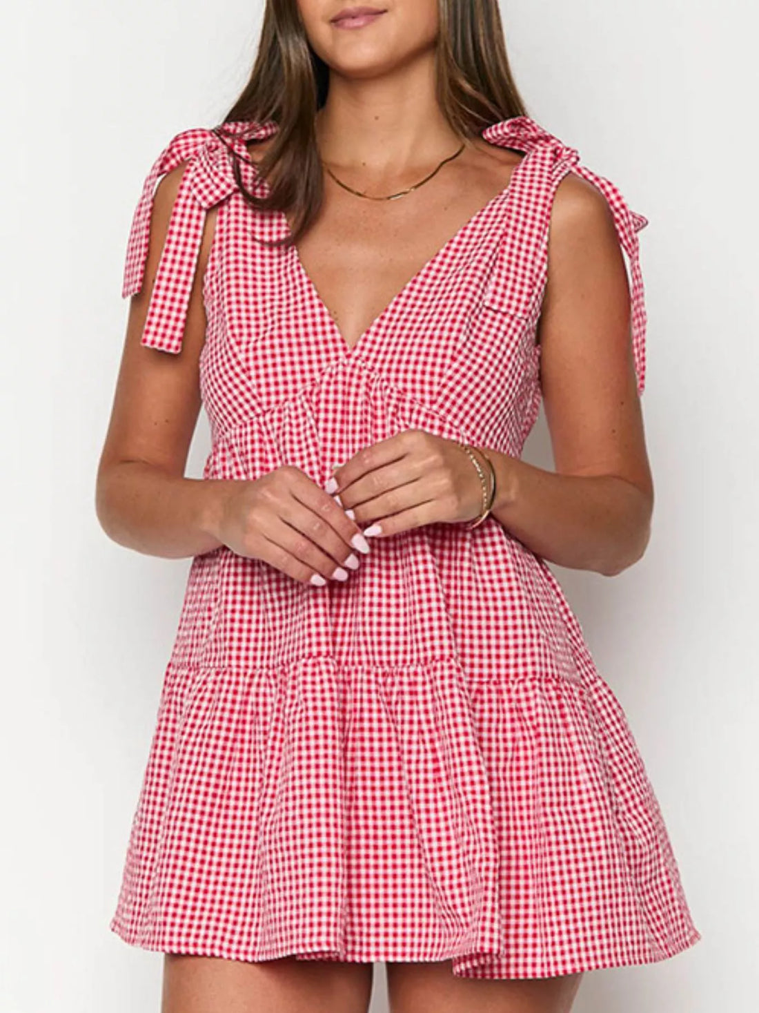 Gingham Tie-Shoulder Mini Dress Scarlet / S