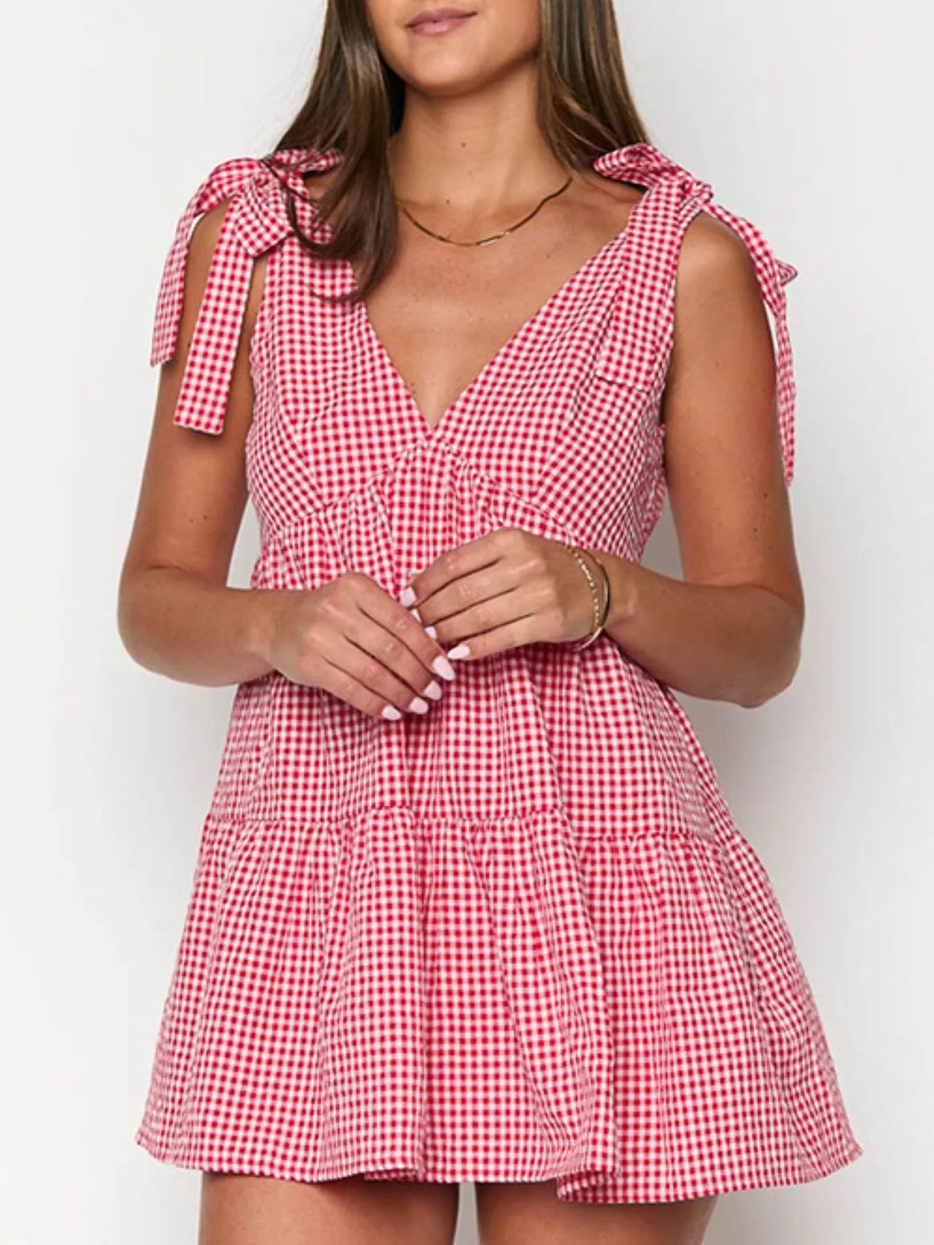 Gingham Tie-Shoulder Mini Dress Scarlet / S