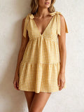 Gingham Tie-Shoulder Mini Dress Yellow / XS