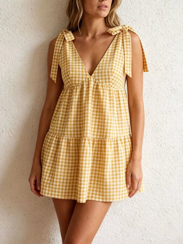 Gingham Tie-Shoulder Mini Dress Yellow / XS