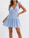 Gingham Tie-Shoulder Ruffle Hem Mini Dress Light Blue / XS