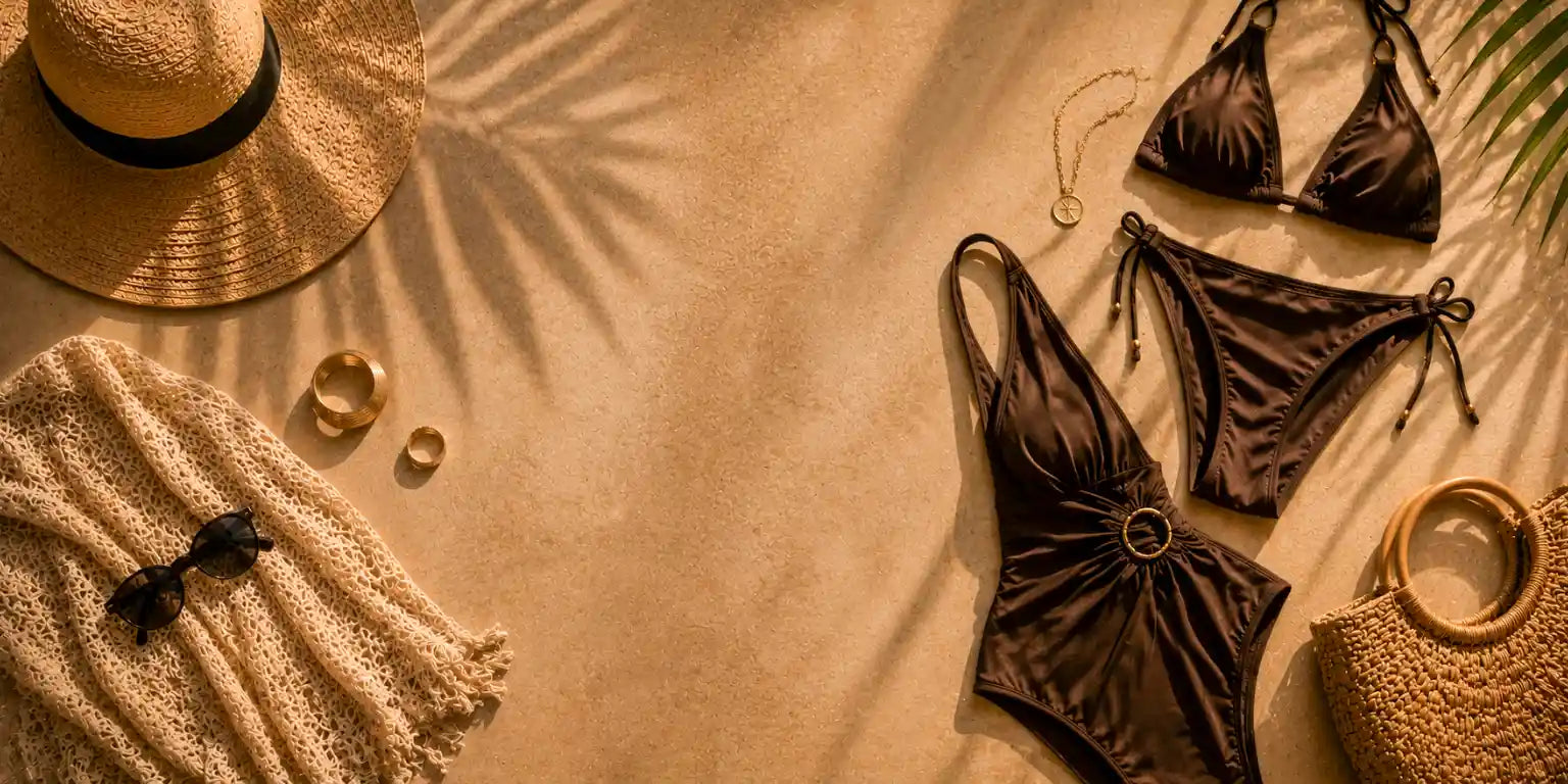 A styled flat lay of beachwear and accessories on sand, including a straw hat with black band, beige knit wrap, sunglasses, two brown bikini sets, a woven bag, and small gold jewelry. Palm leaf shadows are cast across the scene.