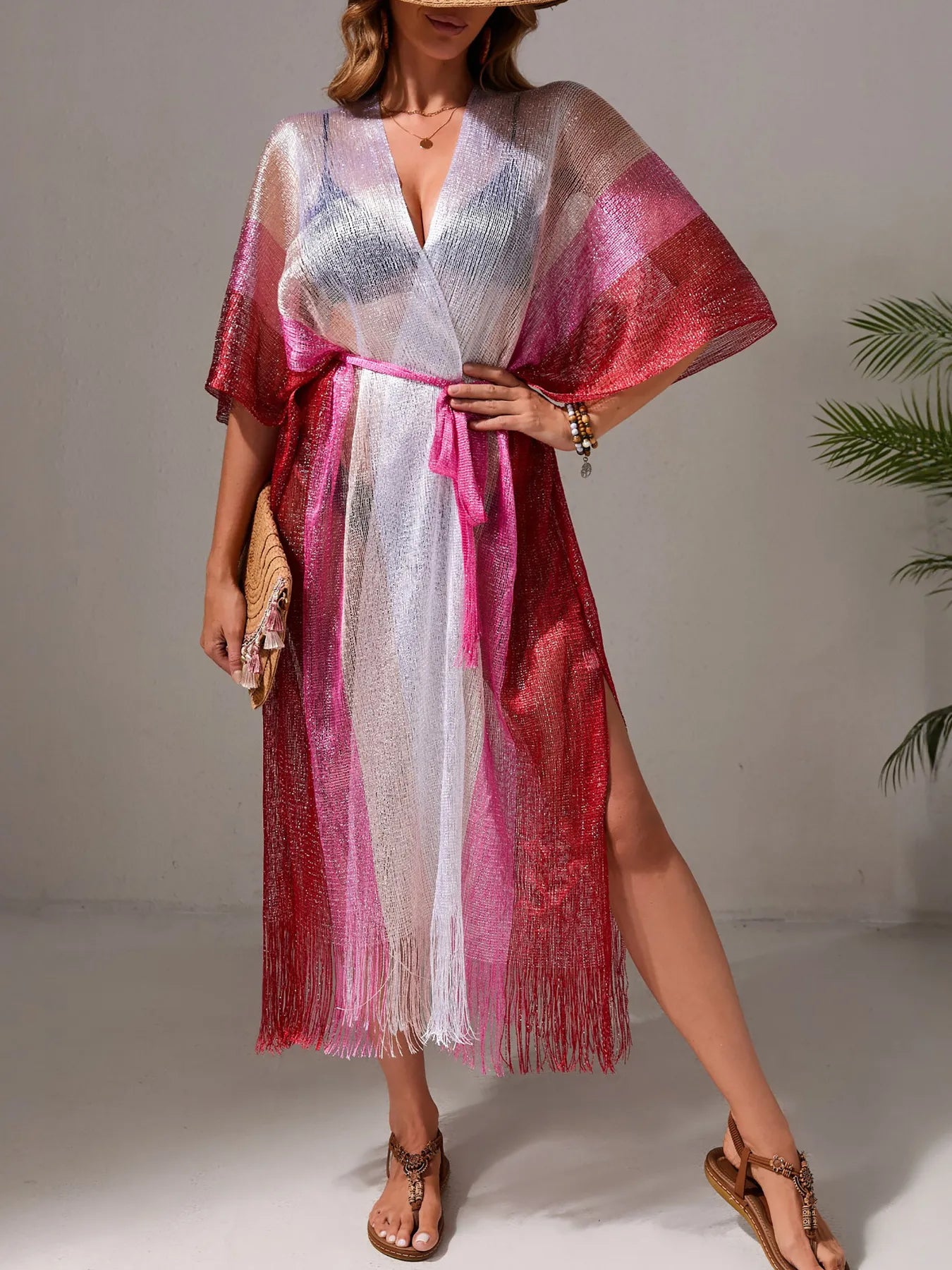 Gradient Fringe Kimono Cover-Up Pink / One Size