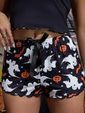 Halloween Ghost and Pumpkin Print Lettuce Trim Cami and Shorts Set