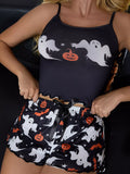 Halloween Ghost and Pumpkin Print Lettuce Trim Cami and Shorts Set