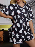 Halloween Ghost Print Button-Down Top and Shorts Lounge Set