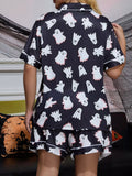 Halloween Ghost Print Button-Down Top and Shorts Lounge Set