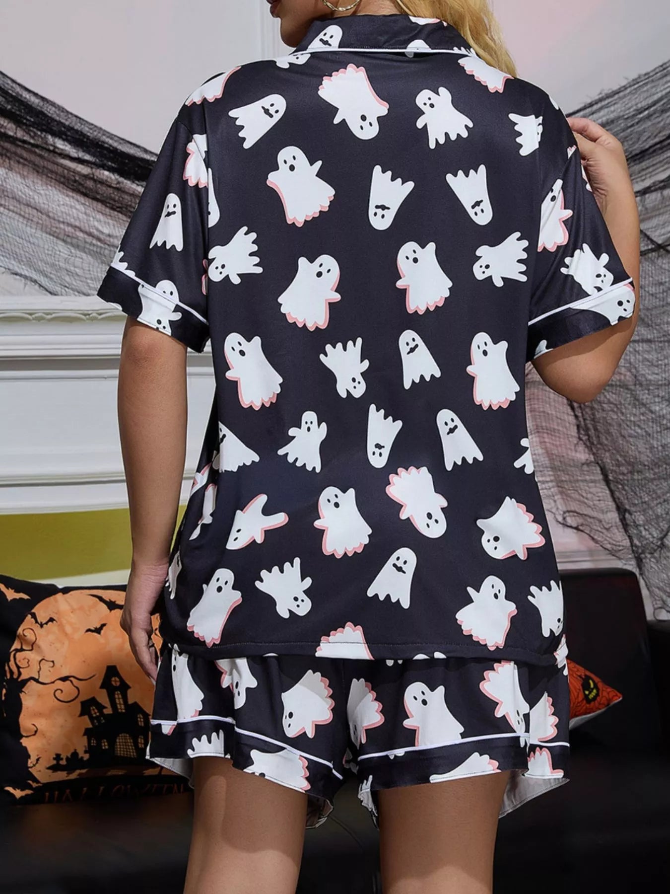 Halloween Ghost Print Button-Down Top and Shorts Lounge Set