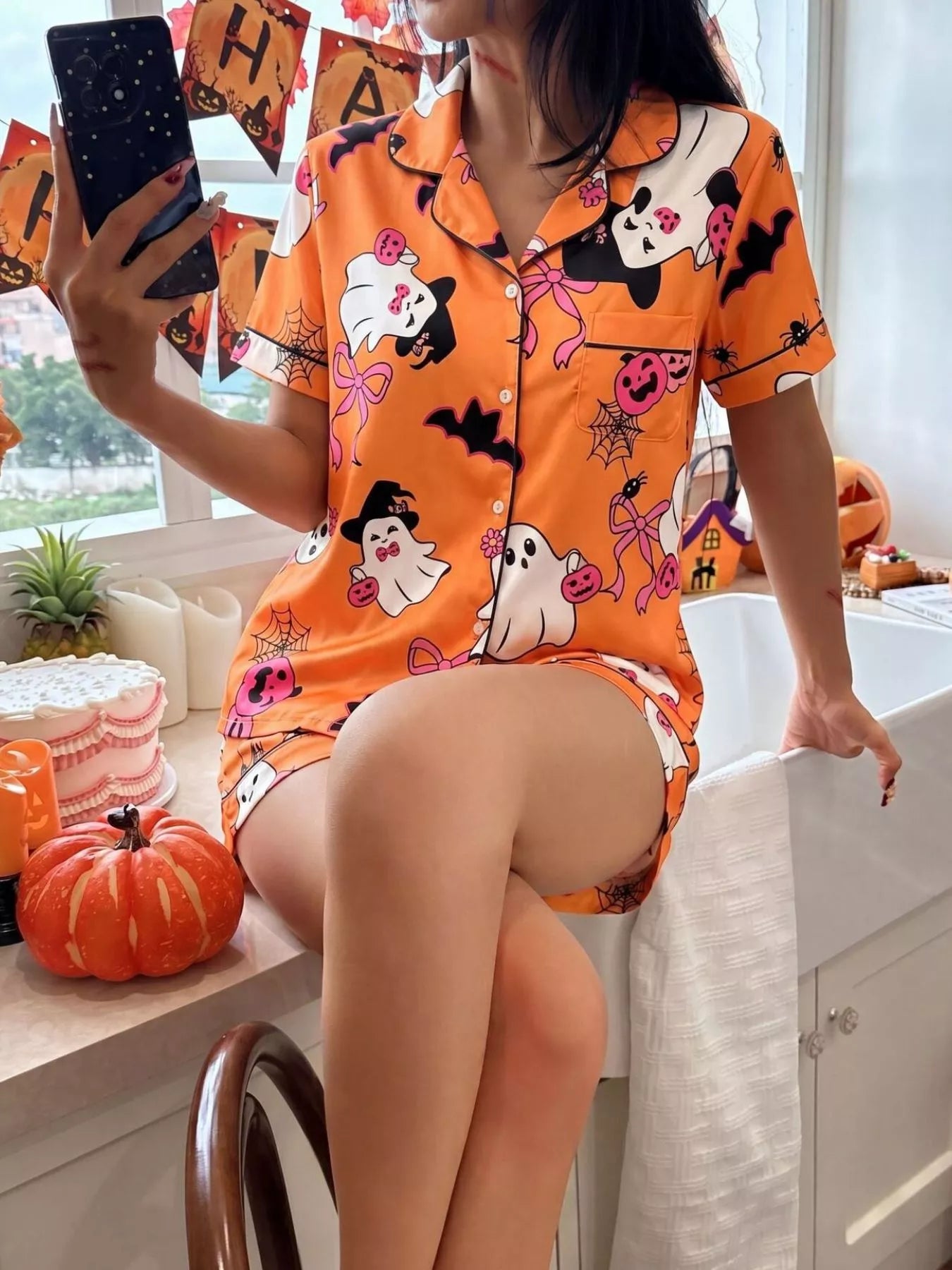 Halloween Ghost Print Button-Down Top and Shorts Lounge Set