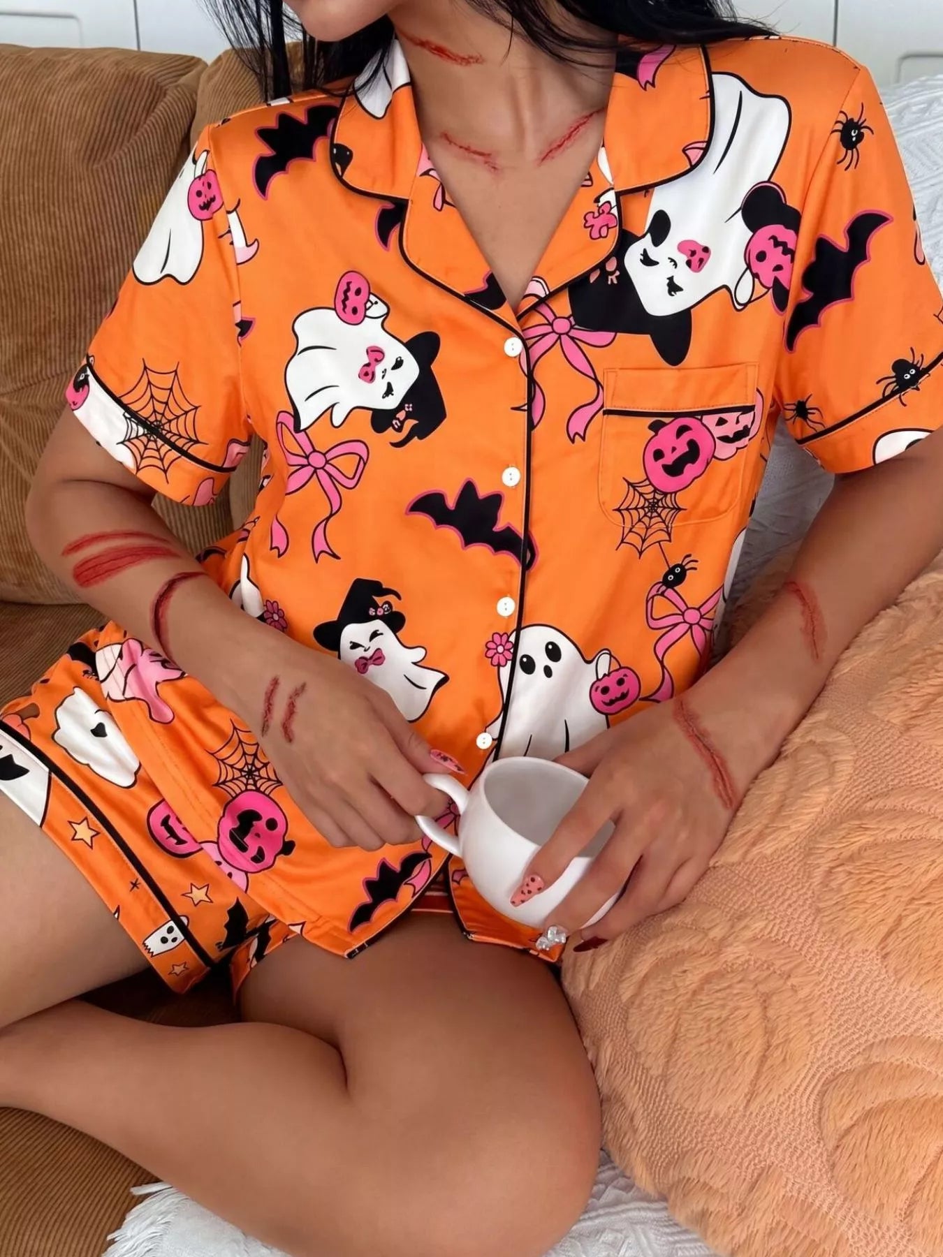 Halloween Ghost Button-Up Shorts Pajama Set