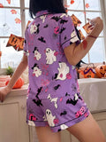 Halloween Ghost Print Button-Down Top and Shorts Lounge Set
