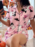 Halloween Ghost Print Button-Down Top and Shorts Lounge Set