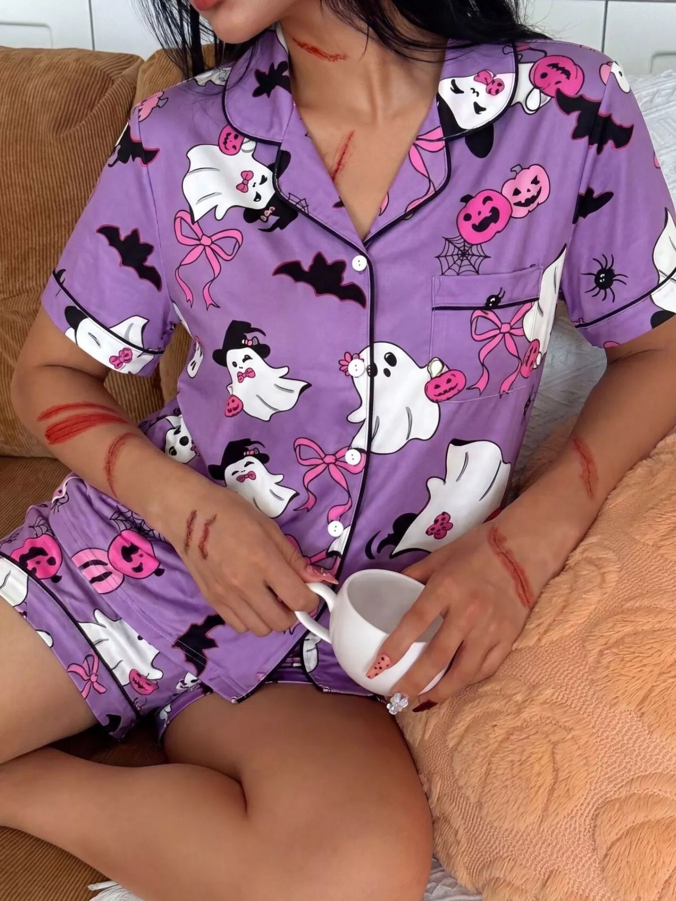Halloween Ghost Print Button-Down Top and Shorts Lounge Set