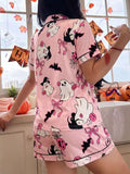 Halloween Ghost Print Button-Down Top and Shorts Lounge Set