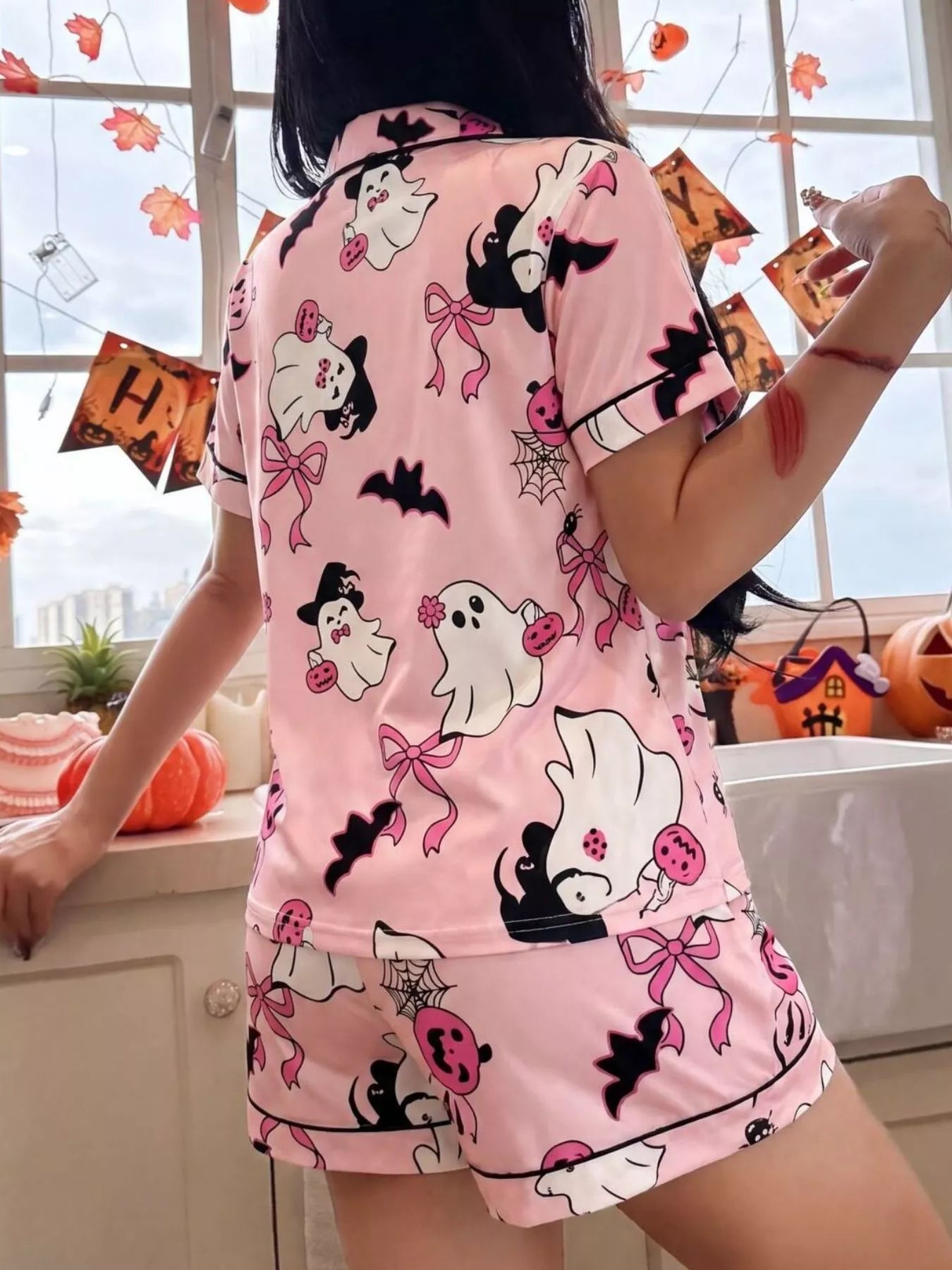 Halloween Ghost Print Button-Down Top and Shorts Lounge Set