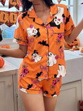 Halloween Ghost Print Button-Down Top and Shorts Lounge Set Orange / S