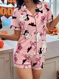 Halloween Ghost Print Button-Down Top and Shorts Lounge Set Pink / S