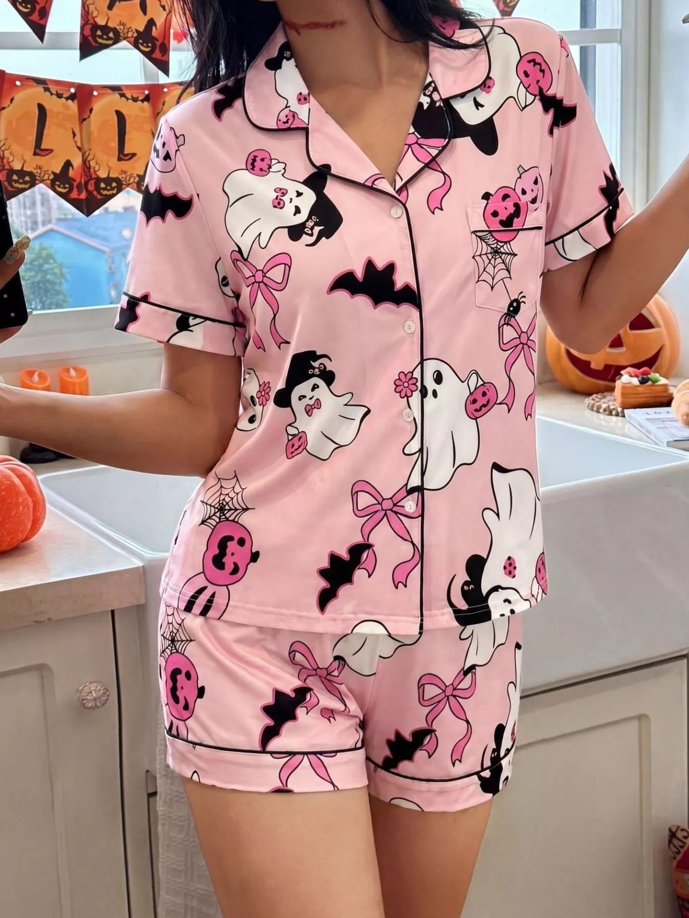 Halloween Ghost Print Button-Down Top and Shorts Lounge Set Pink / S