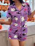 Halloween Ghost Print Button-Down Top and Shorts Lounge Set Purple / S