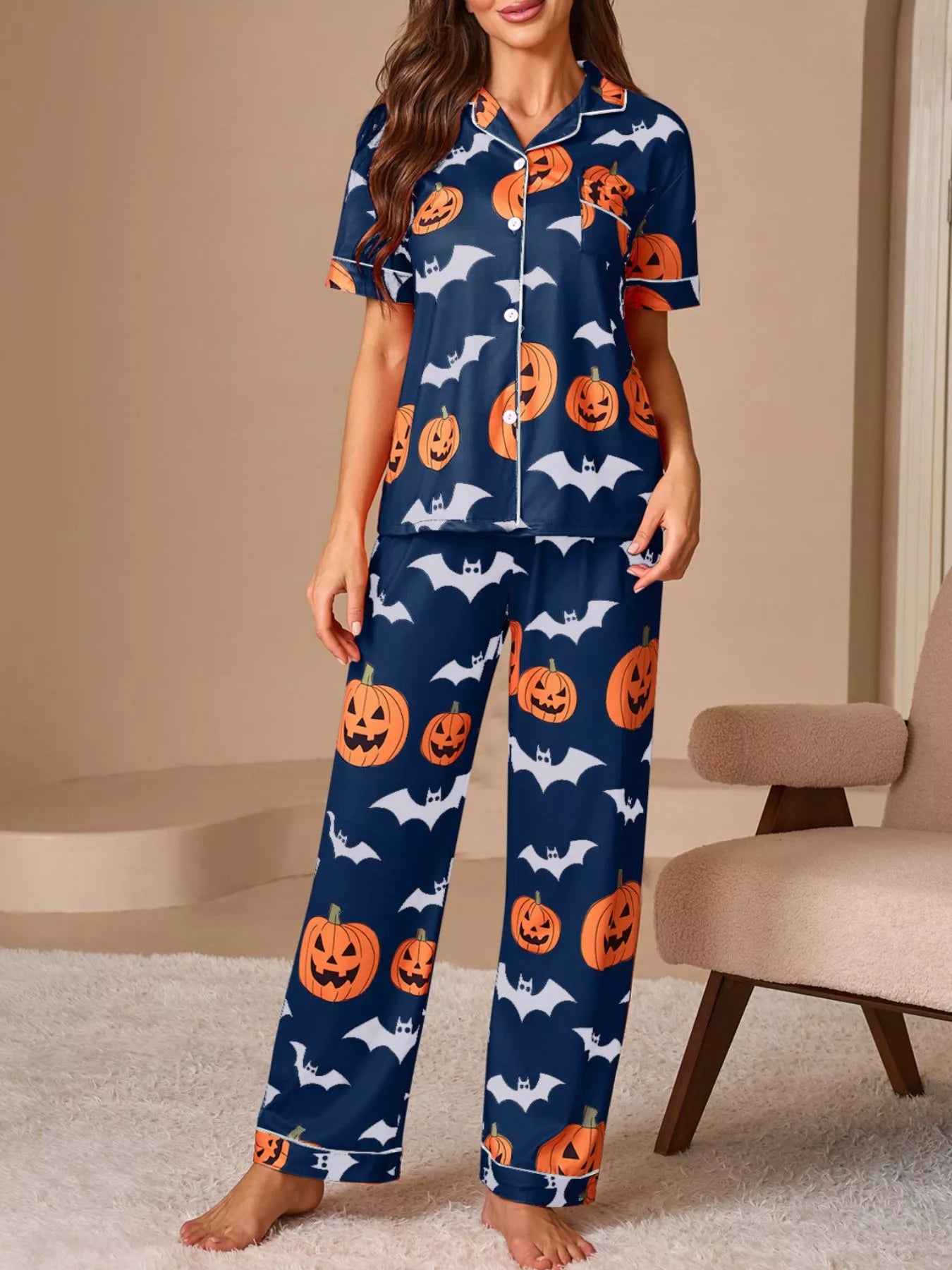 Halloween Pumpkin and Bat Print Button-Down Top and Pants Lounge Set