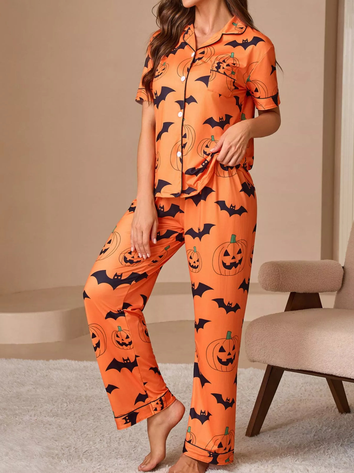 Halloween Pumpkin and Bat Print Button-Down Top and Pants Lounge Set
