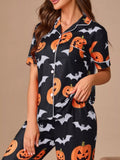 Halloween Pumpkin and Bat Print Button-Down Top and Pants Lounge Set