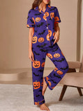 Halloween Pumpkin and Bat Print Button-Down Top and Pants Lounge Set