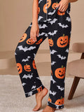 Halloween Pumpkin and Bat Print Button-Down Top and Pants Lounge Set