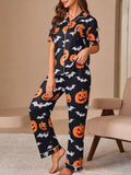 Halloween Pumpkin and Bat Print Button-Down Top and Pants Lounge Set Black / S